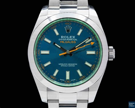 rolex milgauss new steel blue dial green crystal|rolex milgauss gv price.